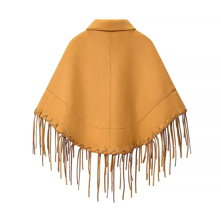 Damen nan Veloursoptik Cape mit Hemdkragen, Ziernaht und langen Fransen Echo Archiv