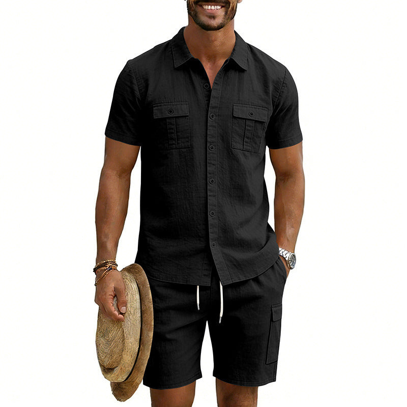 Herren nan sommerliches Freizeitset aus Baumwoll-Leinenmix mit Kurzarm-Hemd und Cargo-Shorts Echo Archiv