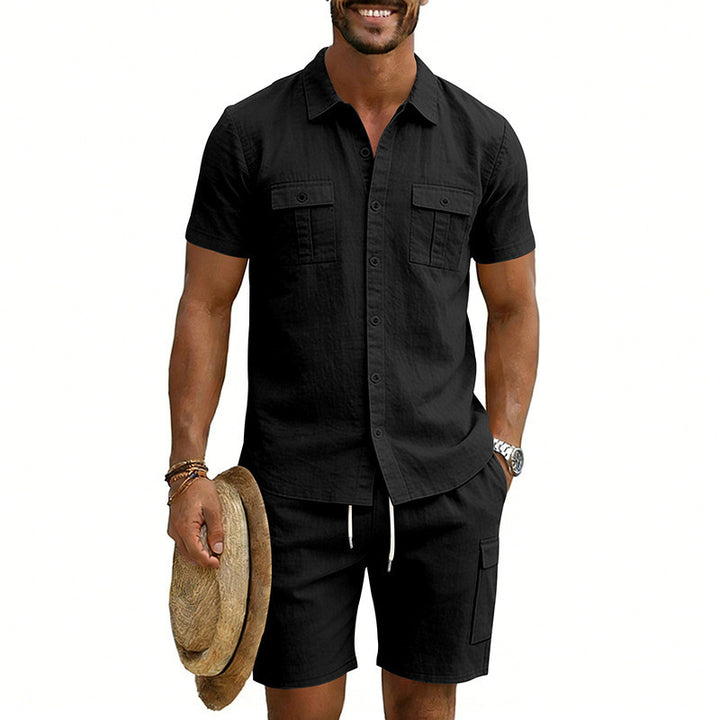 Herren nan sommerliches Freizeitset aus Baumwoll-Leinenmix mit Kurzarm-Hemd und Cargo-Shorts Echo Archiv