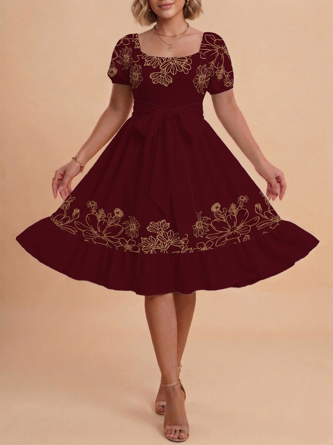 Damen A-Linien-Kleid mit floralen Motiven und taillierbarem Gürtel Echo Archiv