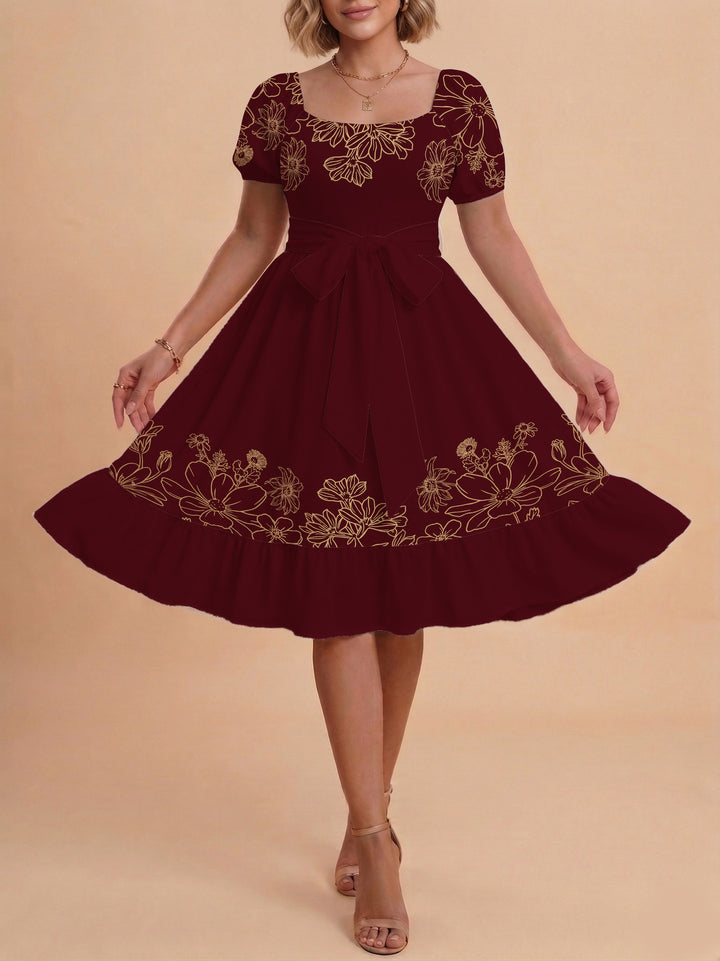 Damen A-Linien-Kleid mit floralen Motiven und taillierbarem Gürtel Echo Archiv