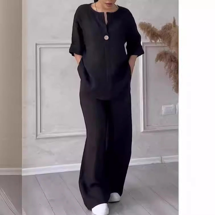 Damen nan lässiges Leinen-Relax-Set mit weiter Hose und Hemdbluse Echo Archiv