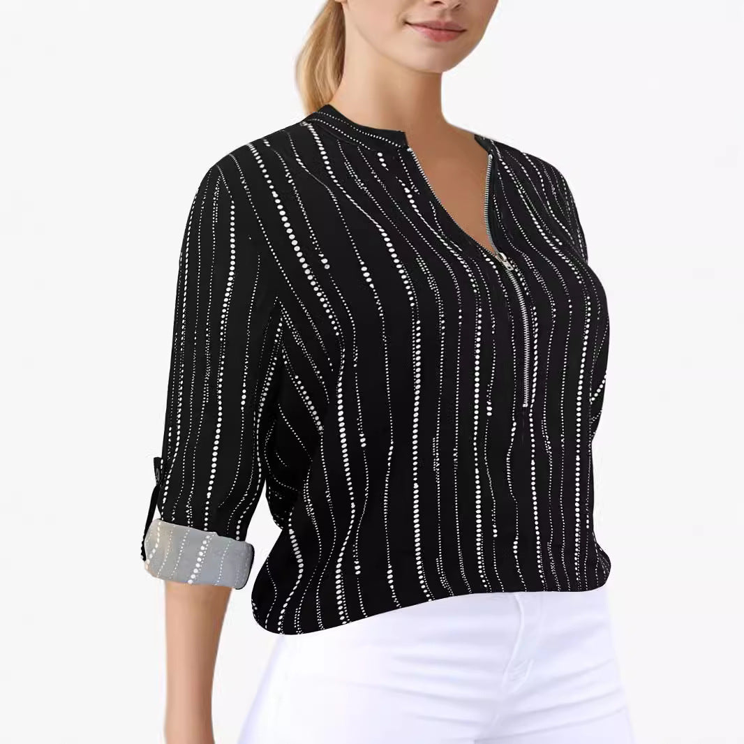 Damen Leichte Viskose-Bluse mit Stehkragen, Reißverschluss und vertikalem Punktstreifen – Élovi