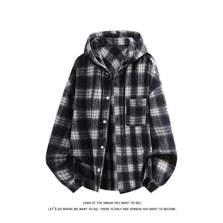 Unisex nan oversized Kapuzen-Hemdjacke aus Flanell mit Karomuster und Brusttasche Echo Archiv