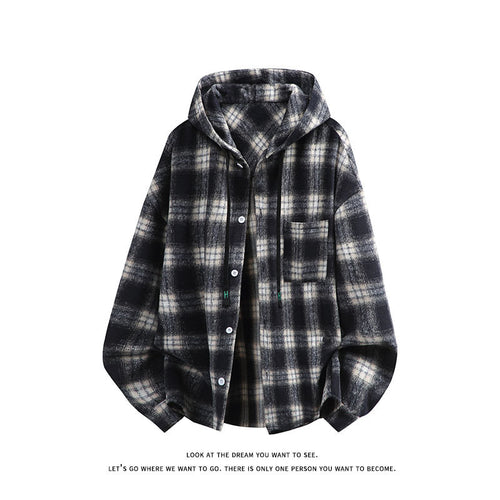 Unisex nan oversized Kapuzen-Hemdjacke aus Flanell mit Karomuster und Brusttasche Echo Archiv