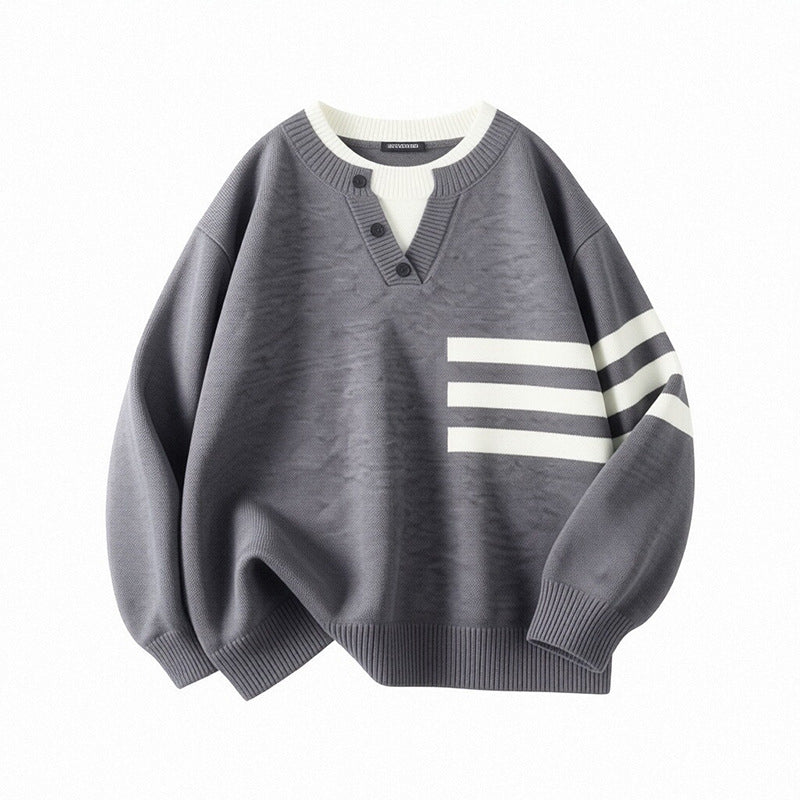 Damen Sportlicher Oversize Pullover mit Knopfleiste und Streifen Echo Archiv