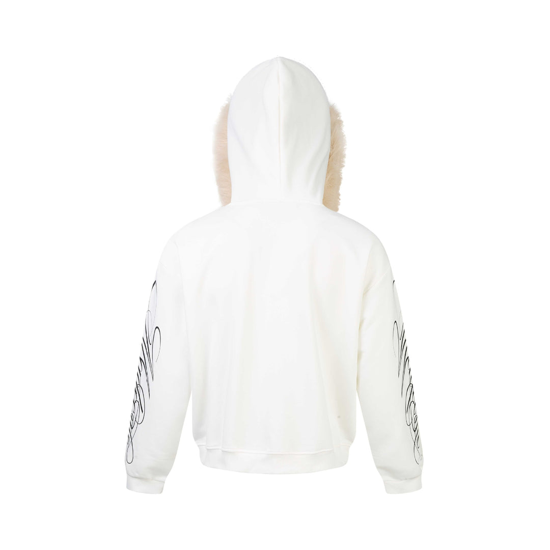 Unisex Oversize Kapuzenjacke aus Baumwollmix mit abnehmbarem Kunstfellbesatz und grafischen Ärmeldrucken Echoarchiv