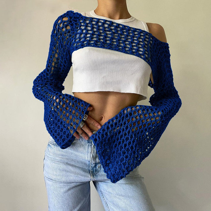 Damen gehäkelter kurzer Bolero mit asymmetrischem Schulterauschnitt und ausgestellten Ärmeln – Célinea