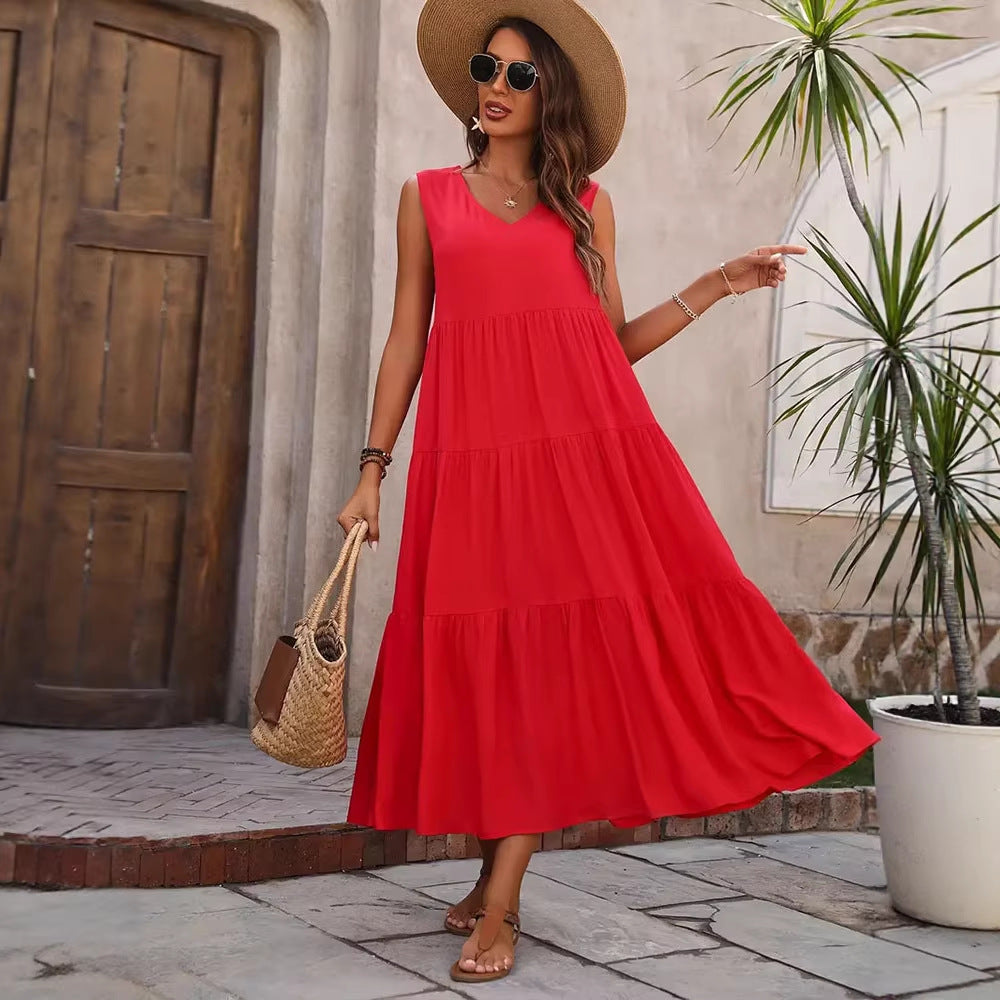 Damen Elegantes Sommer-Maxi-Kleid mit voluminösem Rock und V-Ausschnitt Echo Archiv