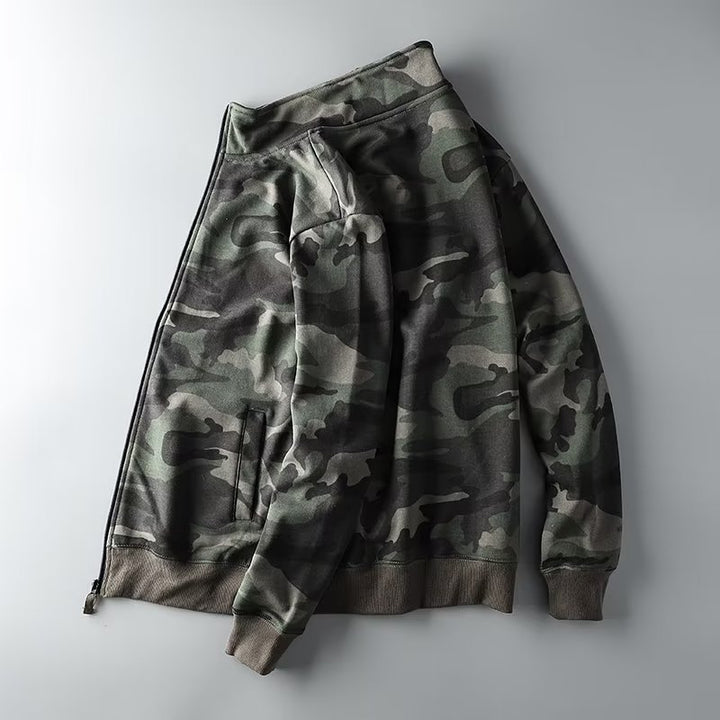 Herren Camouflage Baumwoll‑Fleece‑Zipjacke mit Stehkragen und Rippbündchen Echoarchiv