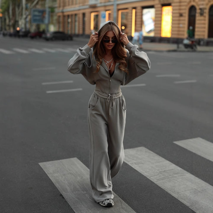 Damen nan kurzes Zip-Hoodie-Set mit Ballonärmeln und Highwaist Weitbein-Loungehose Echo Archiv