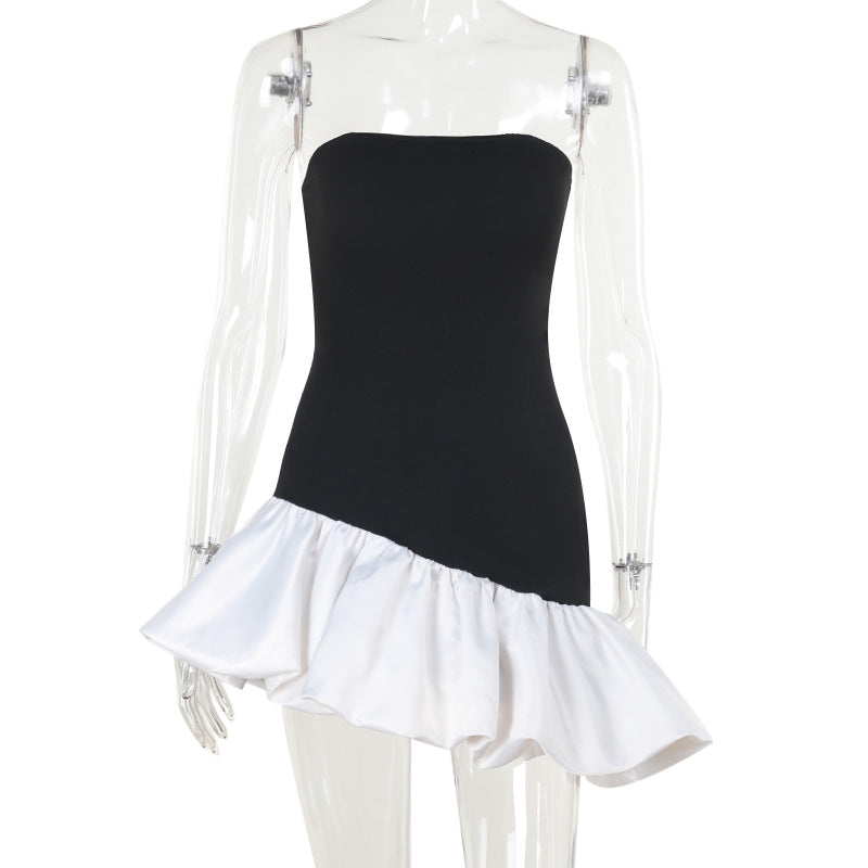 Damen schulterfreies Wickelkleid mit asymmetrischem Saum und farblich kontrastierender Rüsche Echo Archiv