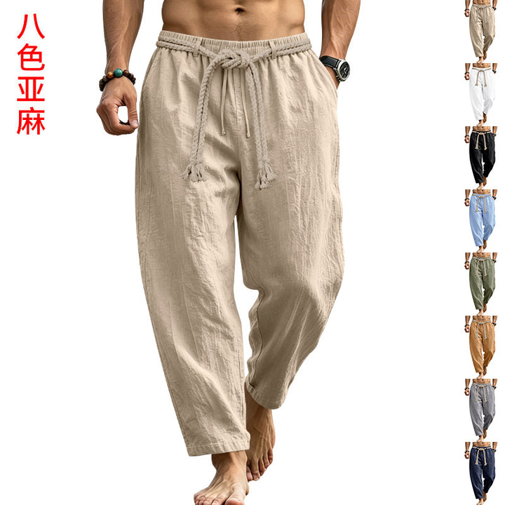 Herren lässige Leinen-Loungehose mit elastischem Bund, dekorativem Seilgürtel und Seitentaschen Echoarchiv