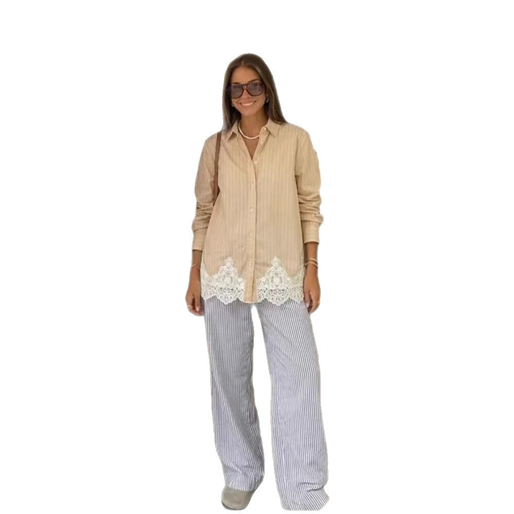 Damen Hemdbluse mit Taillenband, feinen Streifen & Spitzenbesatz Echoarchiv