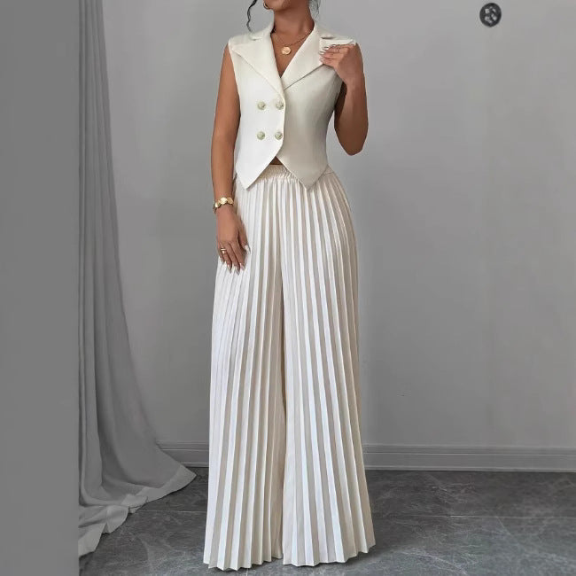 Damen Ärmelloses Weste-Blazer-Top mit Revers und plissierter Palazzo-Hose Zweiteiliges Abendset – Valéne