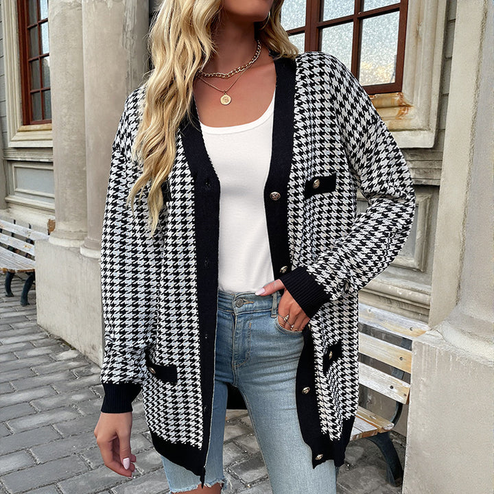 Damen Oversized Strickcardigan mit Hahnentritt-Muster und goldenen Zierknöpfen – Veloura