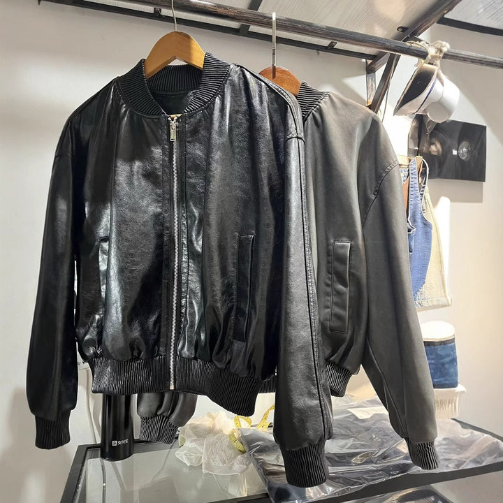 Damen nan oversized Bomberjacke in Lederoptik mit geripptem Stehkragen und Taillenbündchen Echo Archiv