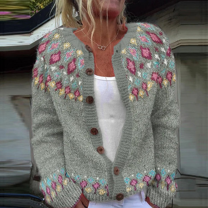 Damen nan gemusterte Strickjacke mit Rundpasse, Holzknöpfen und Eingrifftaschen Echo Archiv