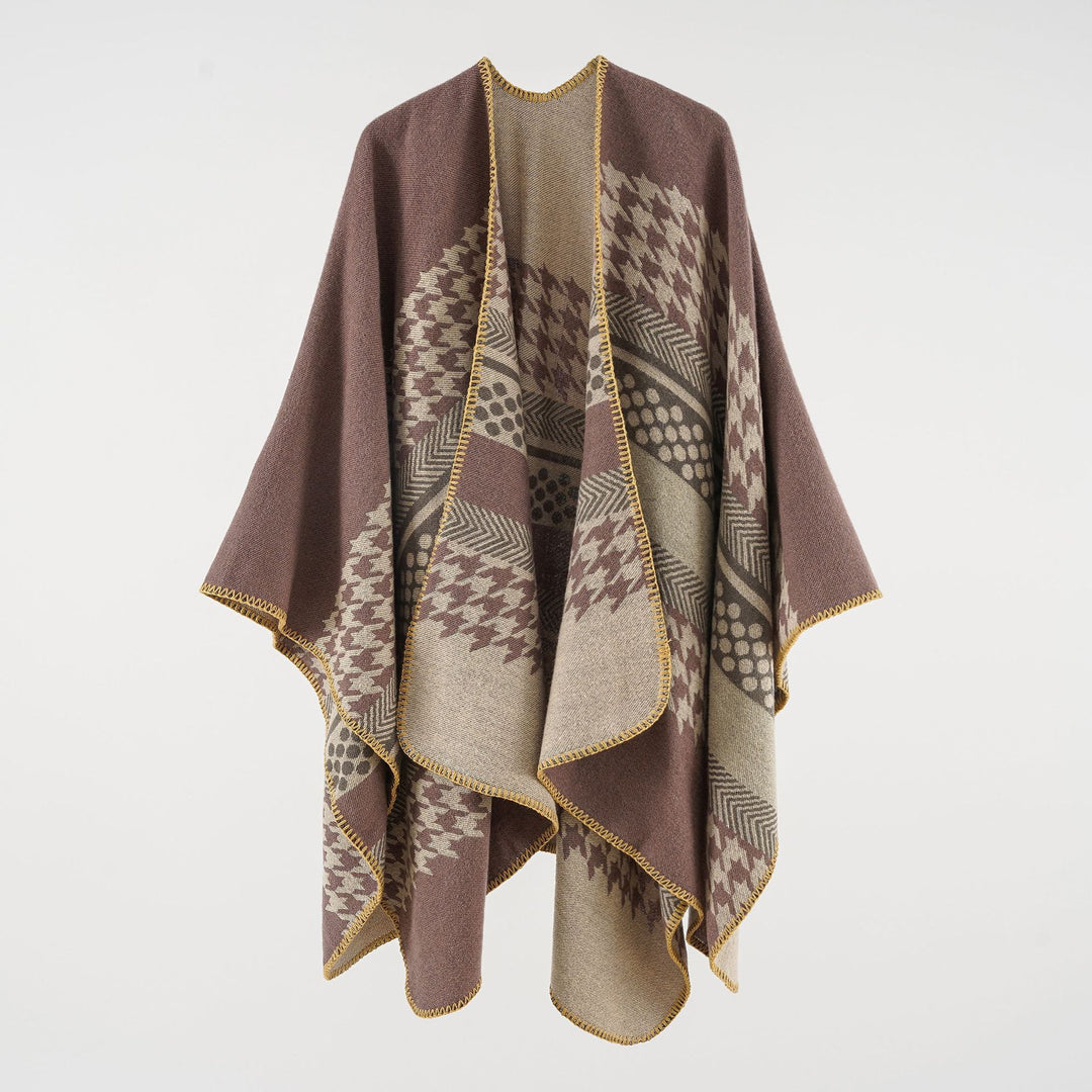 Damen Wohliger Oversize-Umhangponcho aus Wollmix mit Hahnentritt- und Grafikjacquard – Célinea