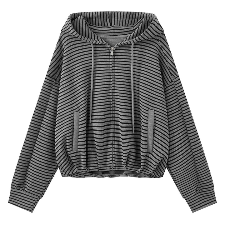 Damen Gestreifte Relaxed-Fit Zip-Kapuzenjacke mit Kordelzug Echoarchiv