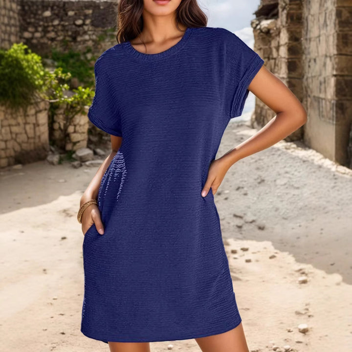 Damen lässiges Minikleid mit strukturiertem Stoff und umschlagbaren Ärmeln Echo Archiv