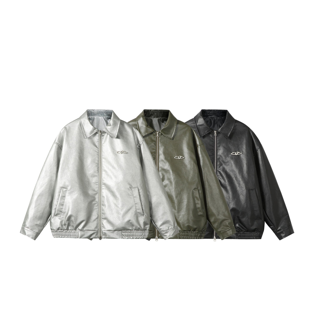Damen Oversize Glattleder‑Optik Blousonjacke mit elastischem Saum und Metall‑Logo Echoarchiv