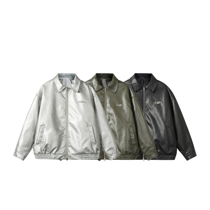 Damen Oversize Glattleder‑Optik Blousonjacke mit elastischem Saum und Metall‑Logo Echoarchiv