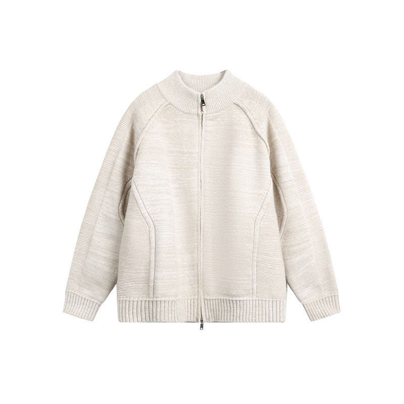 Unisex Grobstrick-Zipjacke mit hohem Stehkragen und Zwei-Wege-Reißverschluss Echoarchiv