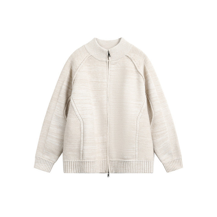 Unisex Grobstrick-Zipjacke mit hohem Stehkragen und Zwei-Wege-Reißverschluss Echoarchiv