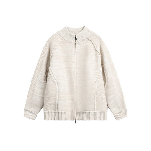 Unisex Grobstrick-Zipjacke mit hohem Stehkragen und Zwei-Wege-Reißverschluss Echoarchiv