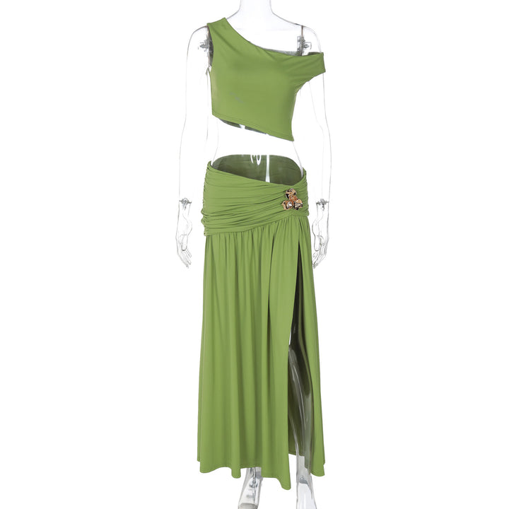 Damen Elegantes Off-Shoulder Maxikleid mit seitlichem Schlitz und raffiniertem Bund Echo Archiv