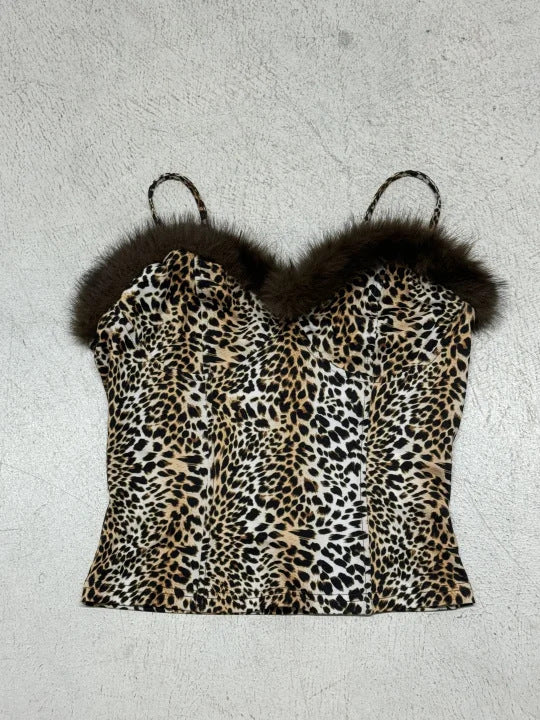Damen Top mit Leopardenmuster und elegantem Fellbesatz Echo Archiv