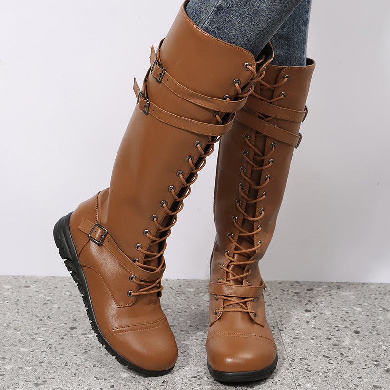 Damen nan kniehohe Military‑inspirierte Schnürstiefel mit seitlichem Reißverschluss verstellbaren Ziergurten und stoßdämpfender Profilsohle Echo Archiv