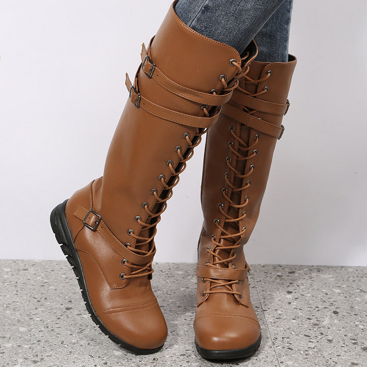 Damen nan kniehohe Military‑inspirierte Schnürstiefel mit seitlichem Reißverschluss verstellbaren Ziergurten und stoßdämpfender Profilsohle Echo Archiv