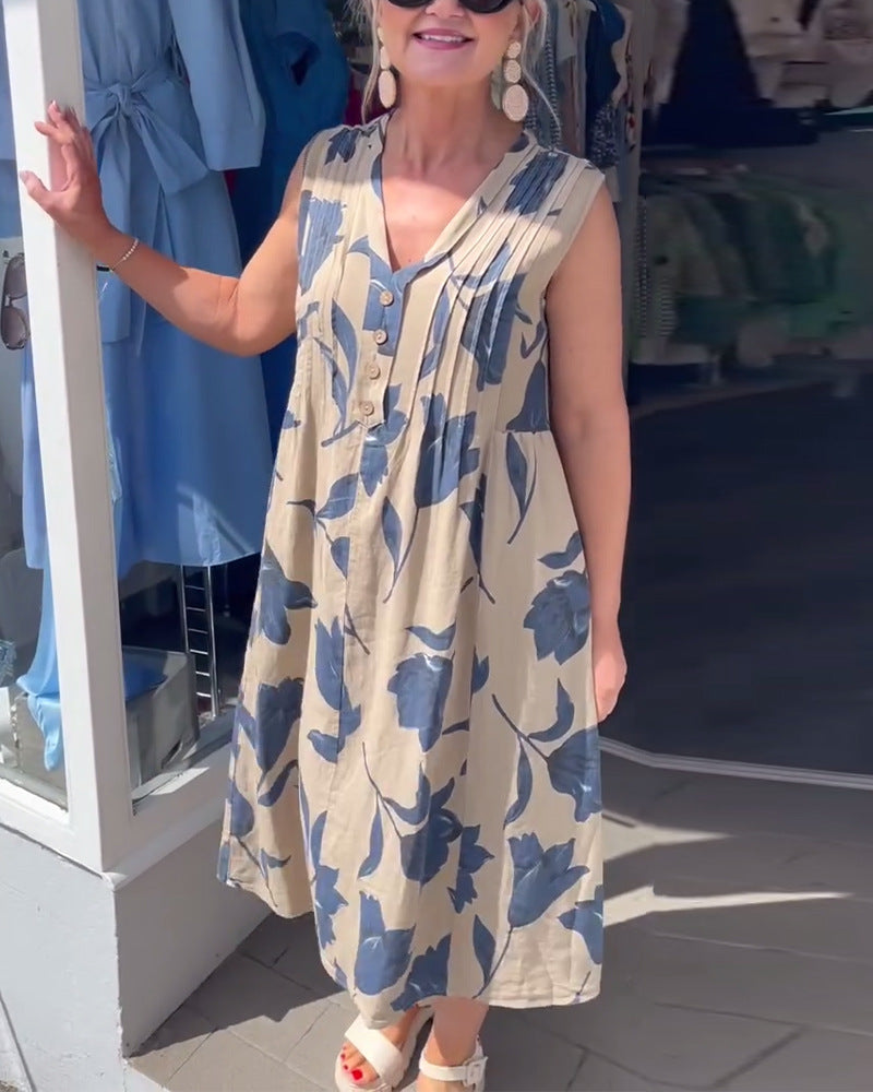 Damen nan ärmelloses A-Linien-Midikleid mit V-Ausschnitt, Brustfalten, Knopfleiste und großem Blumenprint Echo Archiv
