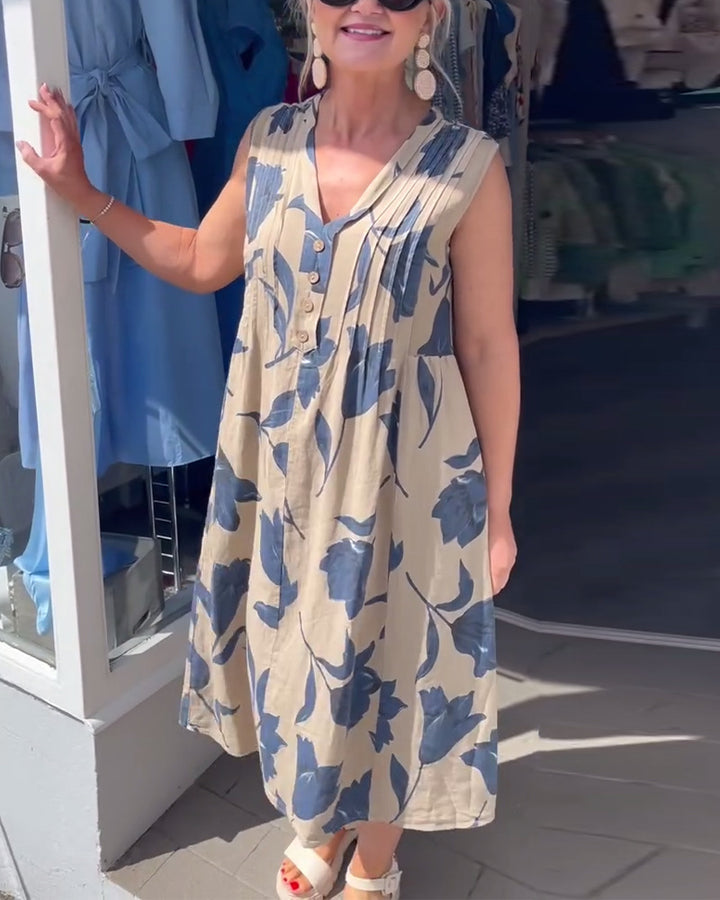 Damen nan lässiges V-Ausschnitt-Midikleid mit Brustpasse, senkrechten Falten und dekorativer Knopfleiste Echo Archiv