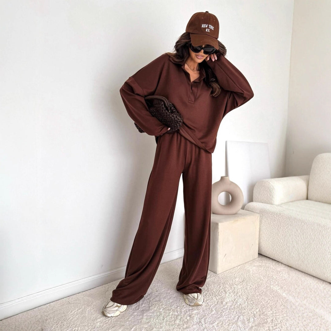 Damen Loungewear-Zweiteiler mit Hemdkragen-Cropped-Sweatshirt und weiter Palazzo-Hose – Élanora