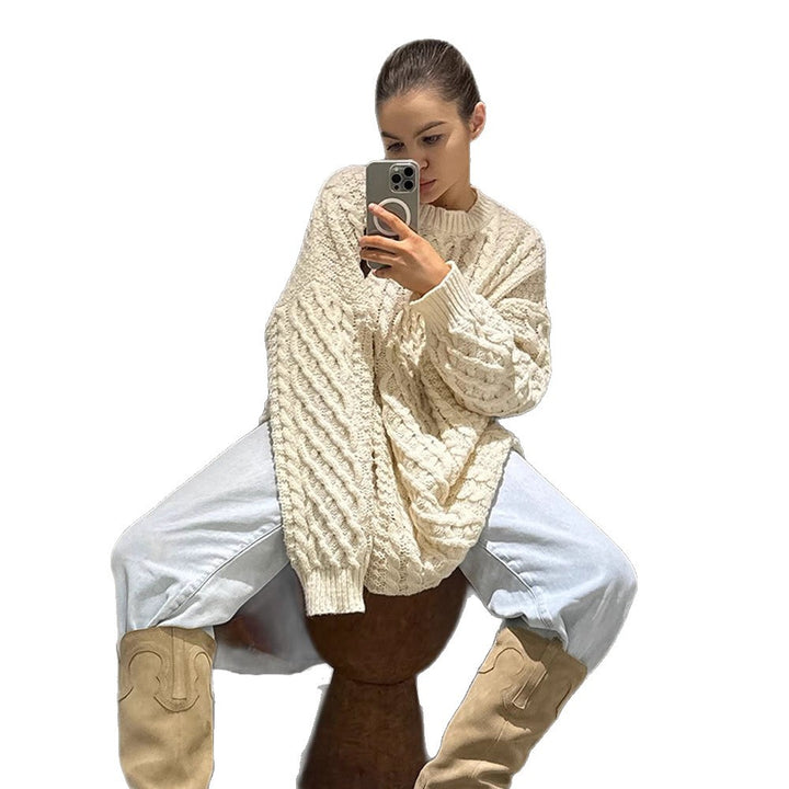 Damen Oversized Grobstrickpullover mit Zopfmuster und weiten Ballonärmeln Echoarchiv