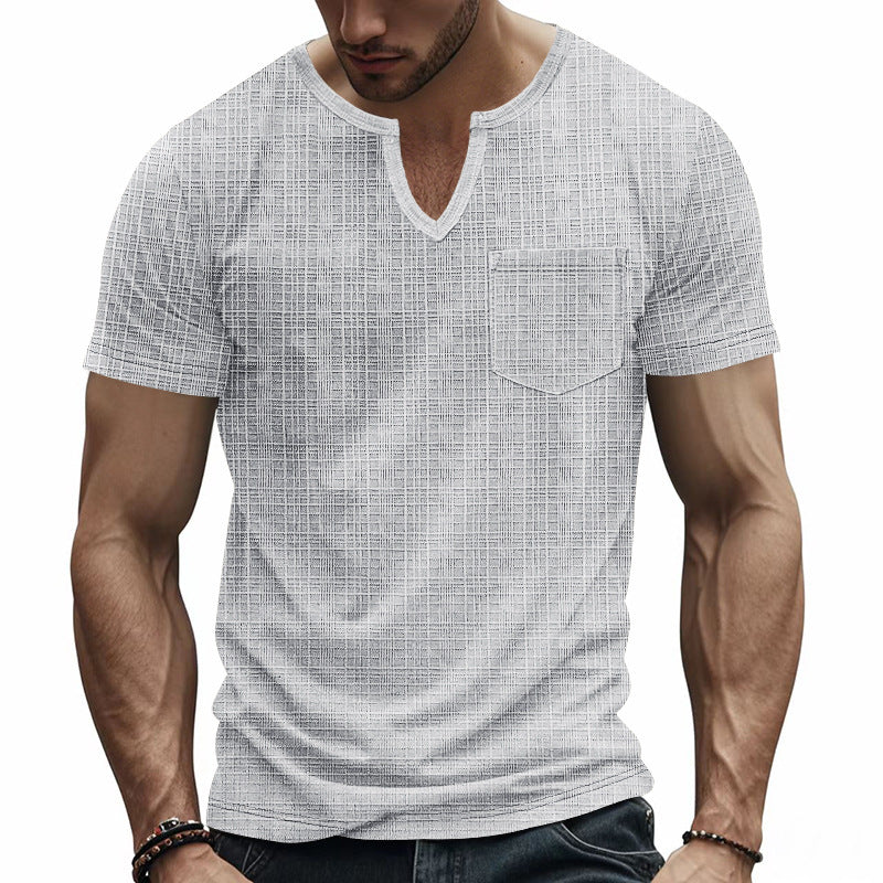 Herren nan Kurzarmshirt mit geschlitztem V-Ausschnitt strukturierter Leinenoptik und aufgesetzter Brusttasche Echo Archiv
