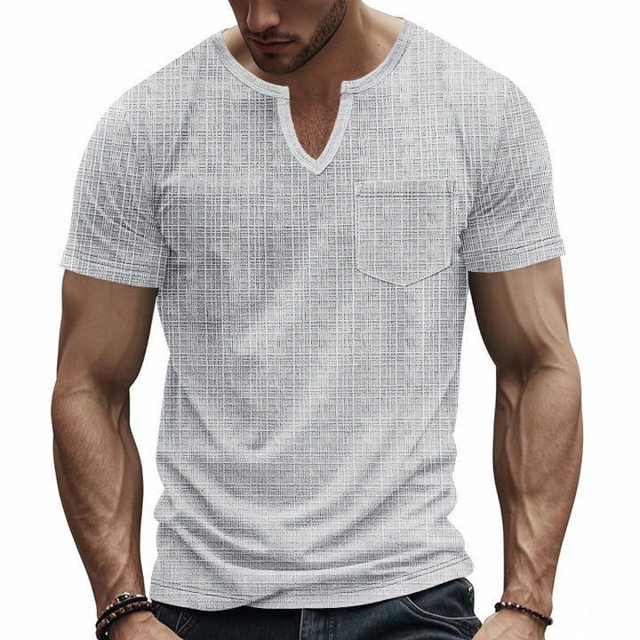 Herren nan Kurzarmshirt mit geschlitztem V-Ausschnitt strukturierter Leinenoptik und aufgesetzter Brusttasche Echo Archiv