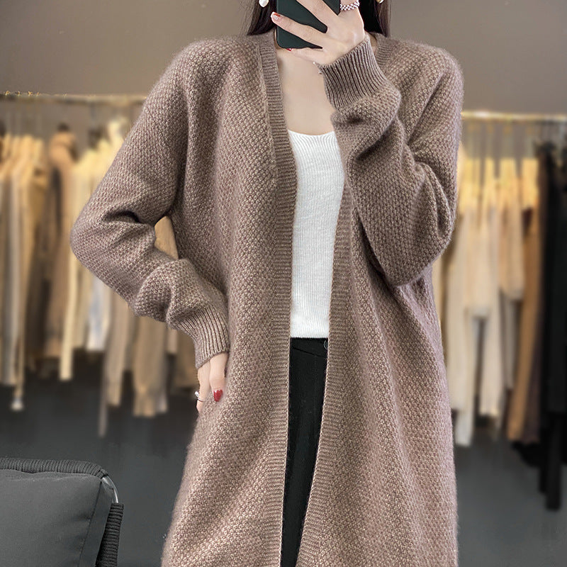Damen Langer Offener Strickcardigan mit Samenmuster und gerippten Abschlüssen Echoarchiv