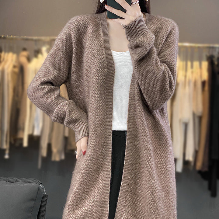 Damen Langer Offener Strickcardigan mit Samenmuster und gerippten Abschlüssen Echoarchiv
