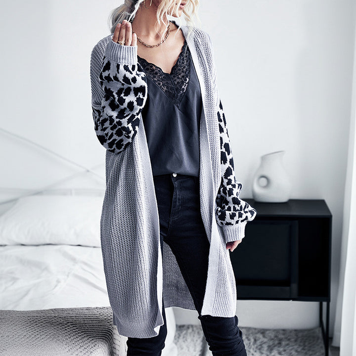 Damen Langer Offener Strickcardigan mit Leopardenmusterärmeln und geripptem Saum Echoarchiv