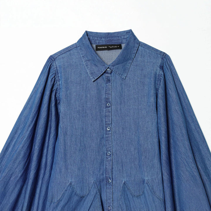 Damen weites Hemdkleid im Chambray‑Look mit Ballonärmeln und Taillenfalten – Lunéa