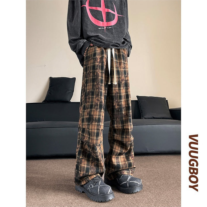 Herren weite karierte Flanellhose mit Kordelzug im Baggy-Schnitt Echoarchiv