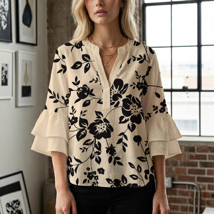 Damen lässige Bluse mit Volantärmeln und botanischem Druck Echo Archiv