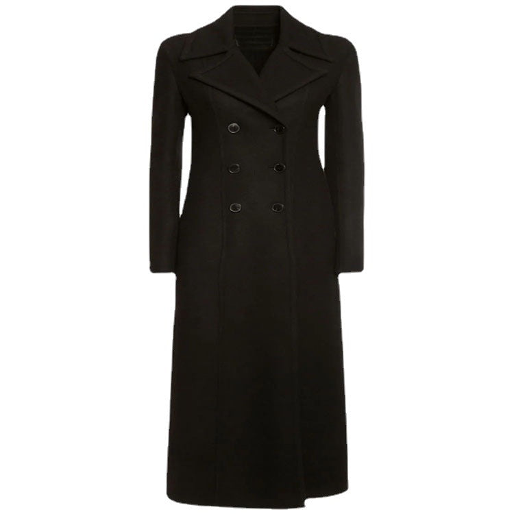 Damen Eleganter bodenlanger Wollmix‑Longcoat im Clean‑Cut Doppelreiher mit strukturierter Schulterpartie Echoarchiv