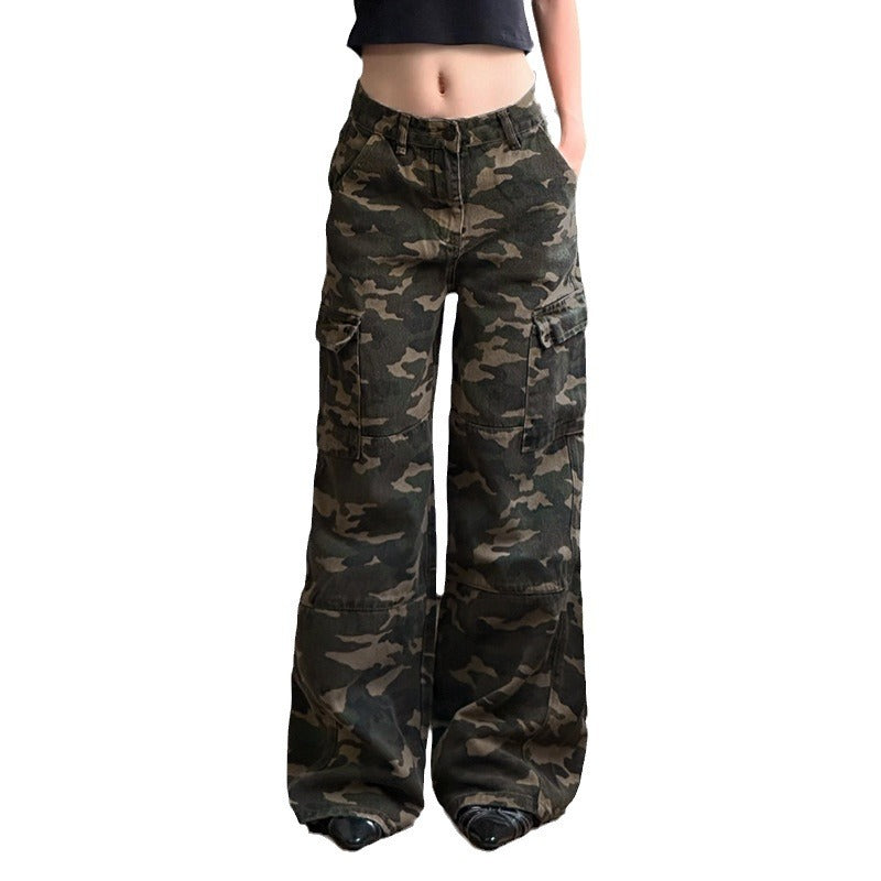 Damen nan weite Cargo-Hose mit Camouflage-Print, hoher Taille und mehreren aufgesetzten Beintaschen Echo Archiv
