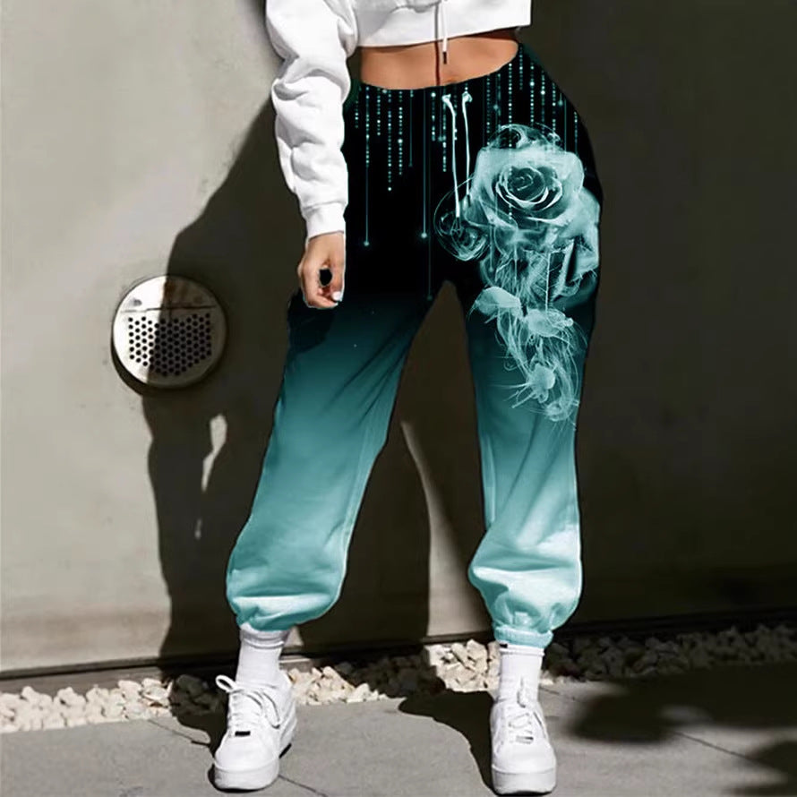 Damen Hohe Taille Jogginghosen mit Ombre-Gradient, Smoke Rose Druck und Elastischen Bündchen – Avélisse