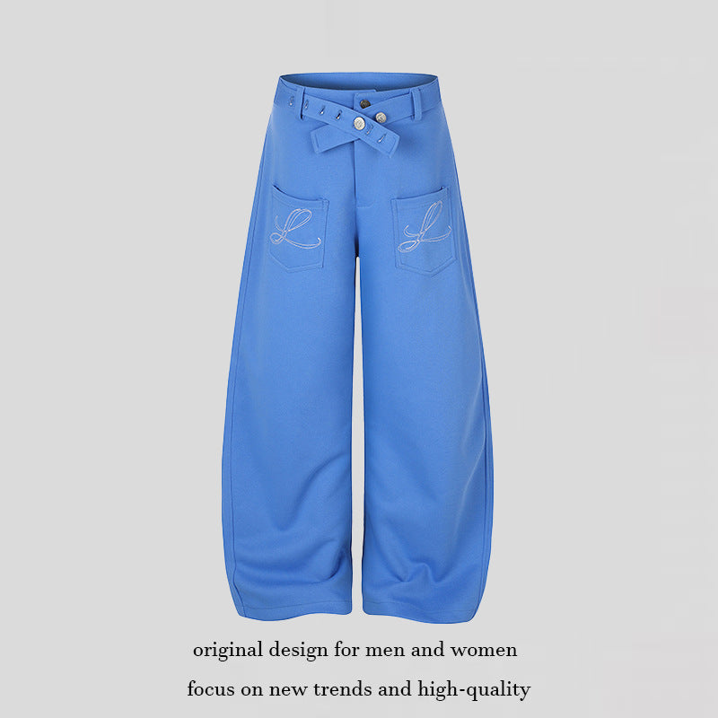 Damen Weite High‑Waist Palazzo-Jogginghose mit aufgesetzten Taschen, Zierstickerei und verstellbarem Gürtel Echoarchiv